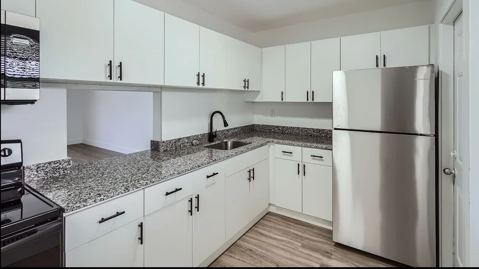 Lakeshore apartment kitchen with white cabinets and stainless steel appliances